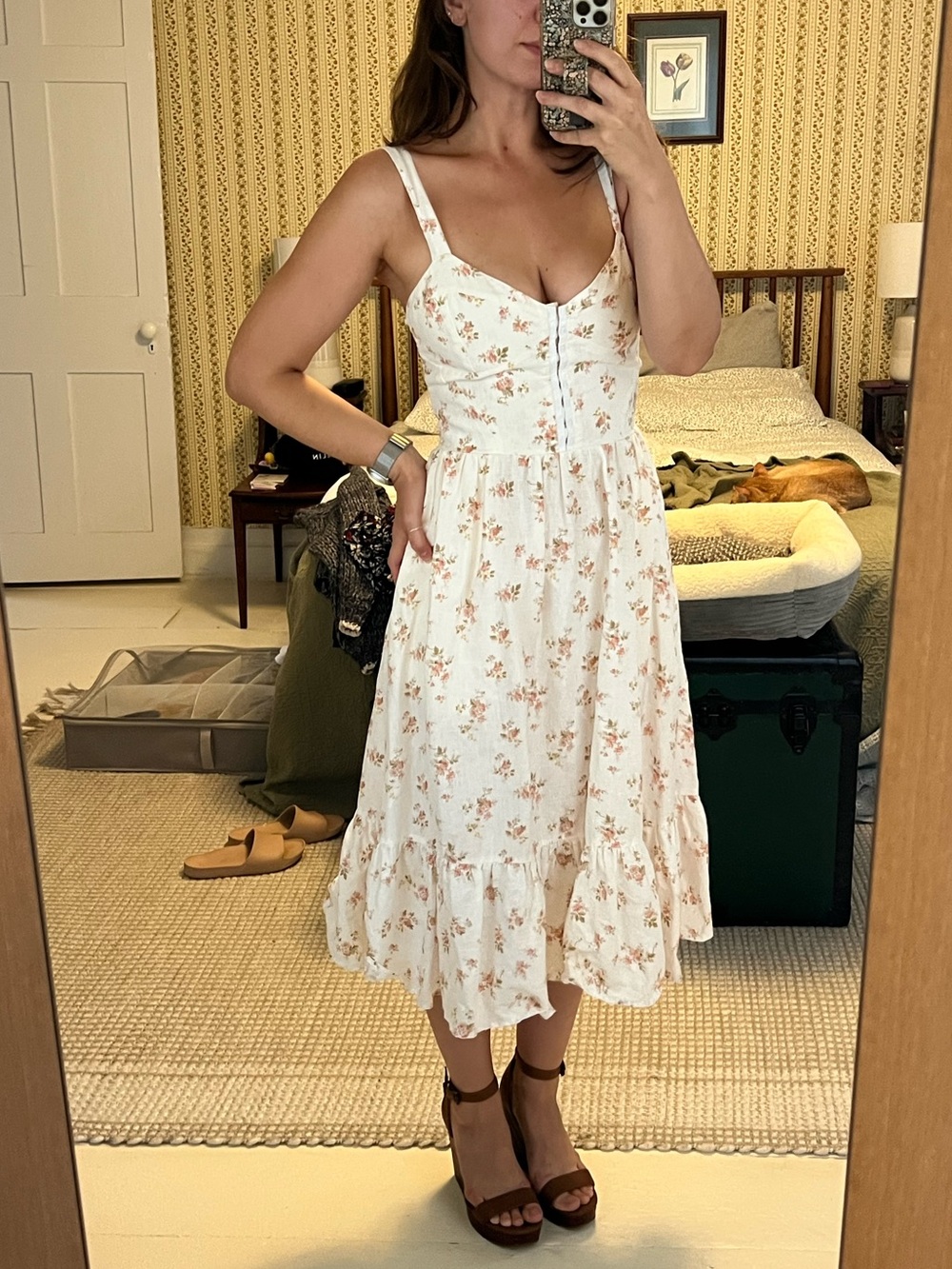 Reformation Linen Cream Floral Bustier Style Midi Dress